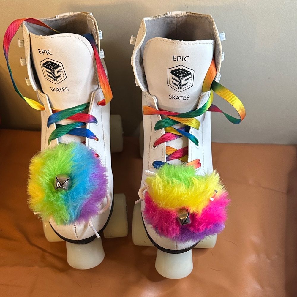 Kids Roller Skates - White with Rainbow Laces